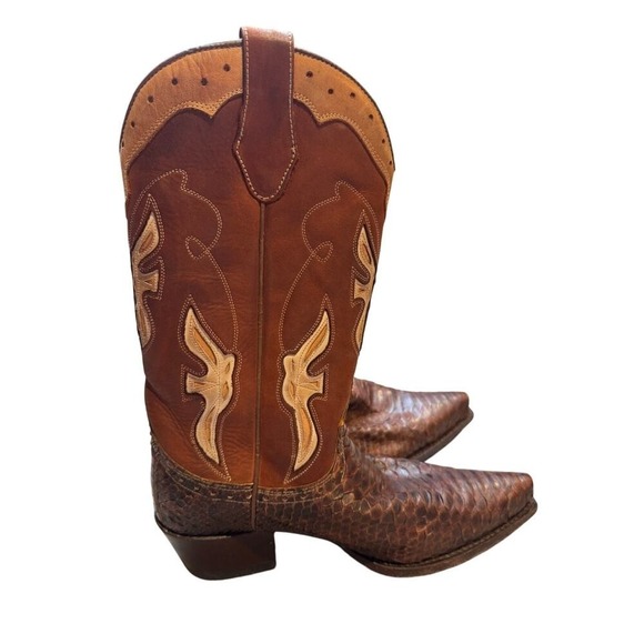 Frye Jennifer‎ Estes Python Snakeskin Cowboy Boots Brown Leather Eagle Inlay 9M